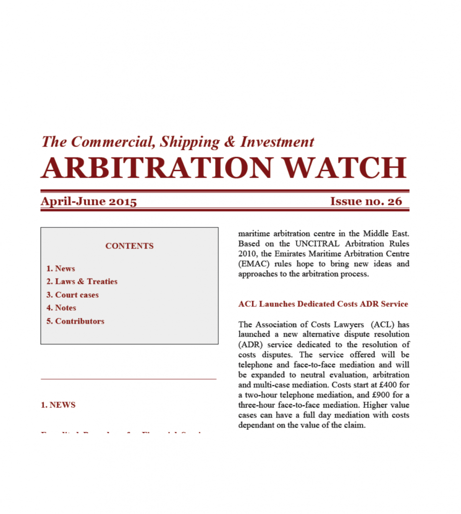 Arbitration Watch – Issue No. 26 (April-June 2015)